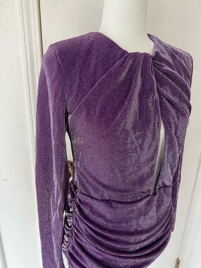 Michael Costello X Revolve Purple Shimmery Ruched Long Sleeve Mini Dress, XL